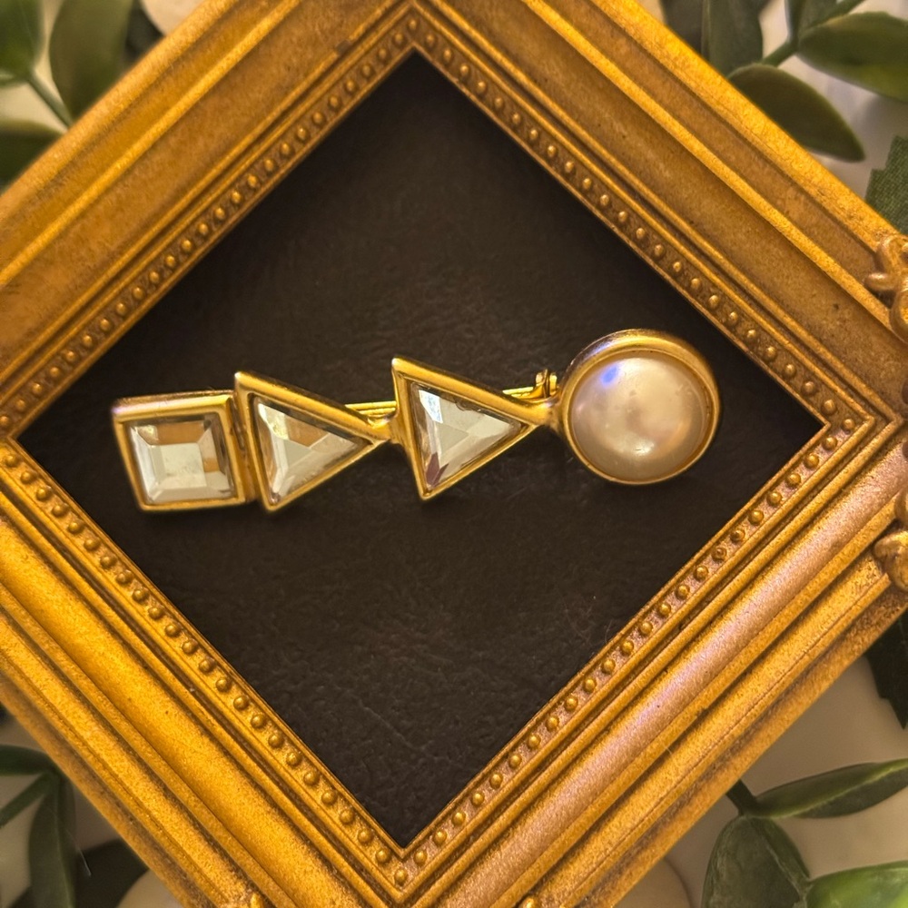 VTG Gold Pearl Crystal Geometric Brooch - Picture 10 of 11